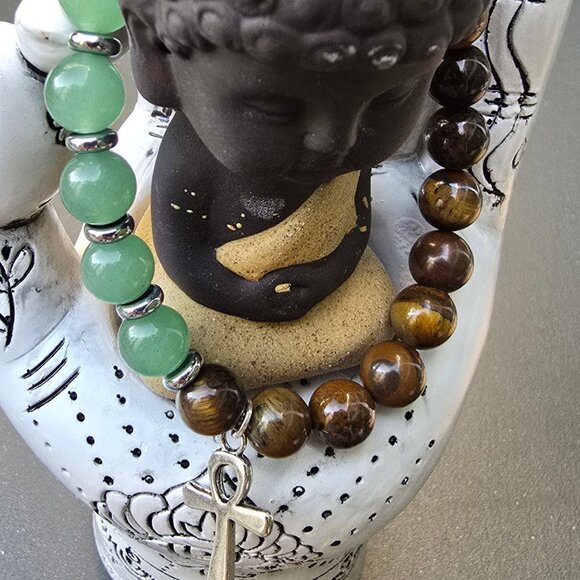 Handmade ✦ Life Eternal Bracelet ✦ Ankh Charm Tiger’s Eye Green Aventurine 8mm - Picture 6 of 6